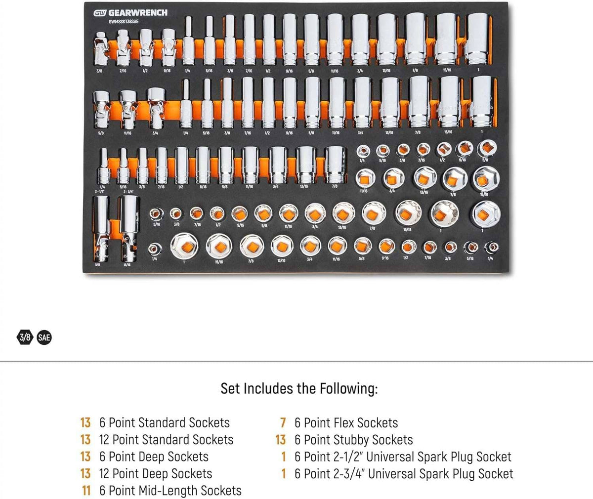 A detailed product layout for the GEARWRENCH master SAE set, listing specific quantities of 6-point and 12-point standard, deep, mid-length, flex, and stubby sockets, including universal spark plug sockets.