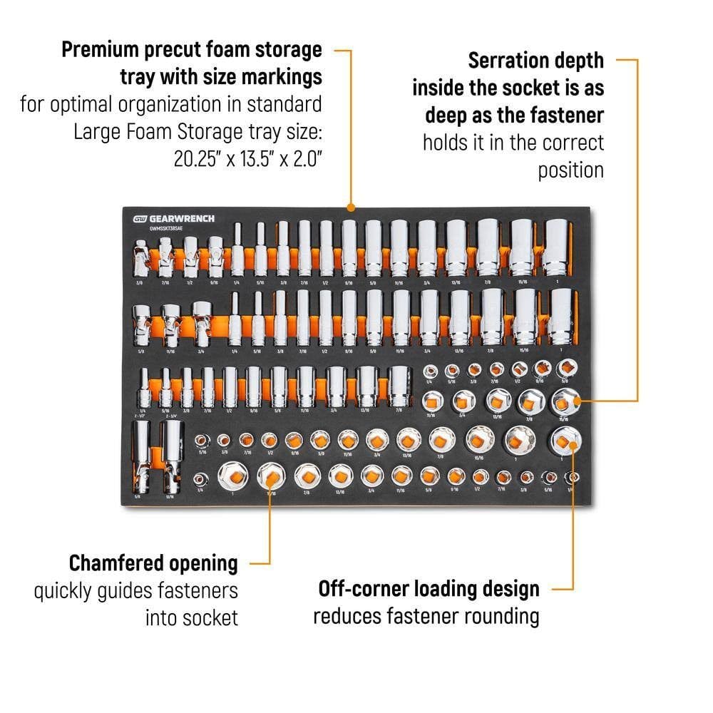 An informational feature diagram for the GEARWRENCH 85-piece SAE socket set, highlighting the off-corner loading design, chamfered openings, optimized serration depth, and the large foam storage tray dimensions.