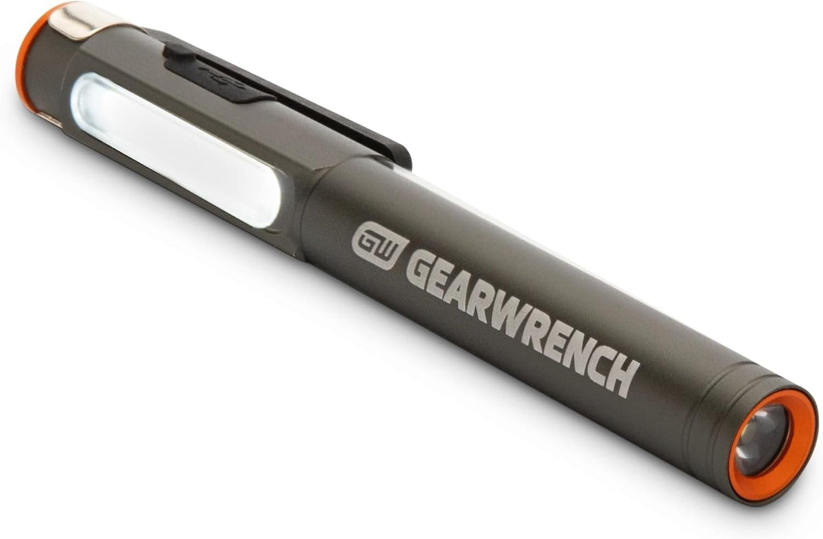 A studio product shot of the GEARWRENCH GWPL professional rechargeable LED pen light featuring a sleek black anodized aluminum body, a yellow rotating magnetic pocket clip, and a USB-C charging port.