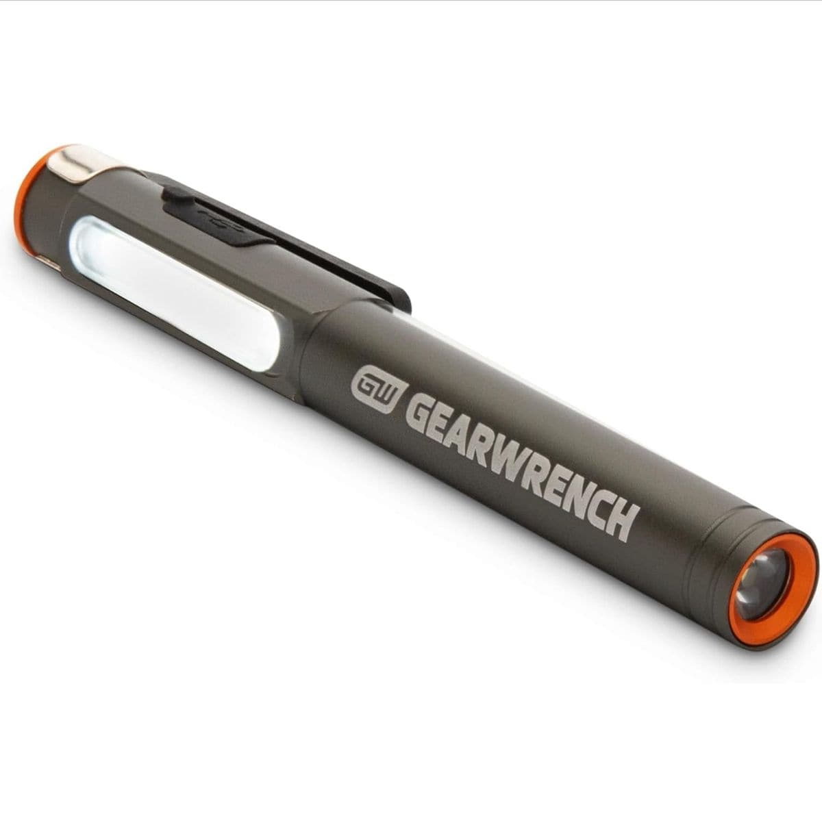A studio product shot of the GEARWRENCH GWPL professional rechargeable LED pen light featuring a sleek black anodized aluminum body, a yellow rotating magnetic pocket clip, and a USB-C charging port.