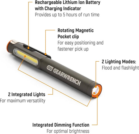 An informative product graphic for the GEARWRENCH GWPL pen light showcasing its three lighting modes: tip light for precision, flood light for area coverage, and a standard flashlight mode for general inspection.