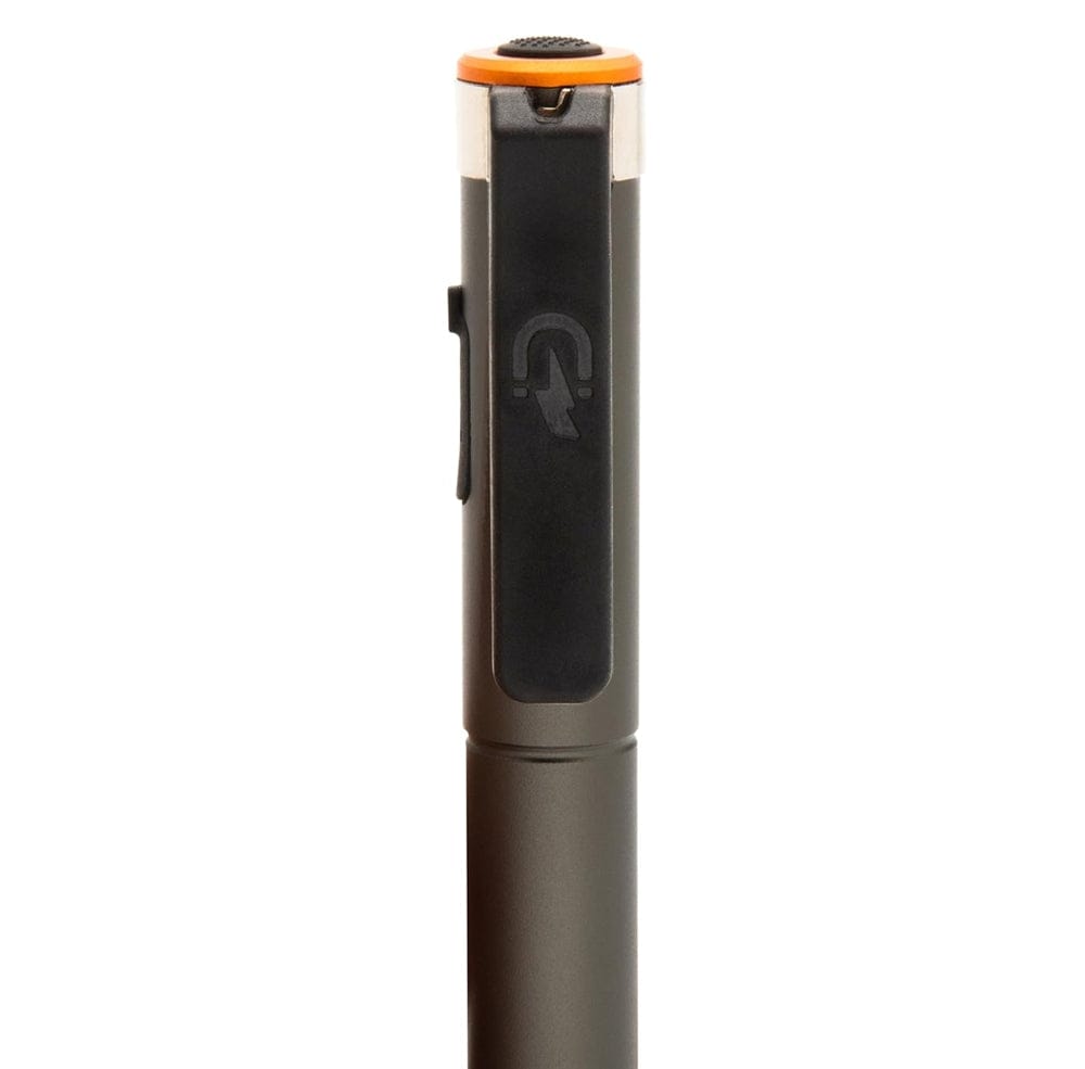 A detailed view of the rotating magnetic pocket clip on the GEARWRENCH pen light, illustrating how it can be adjusted to various angles for secure attachment to metallic surfaces and easy fastener pickup.