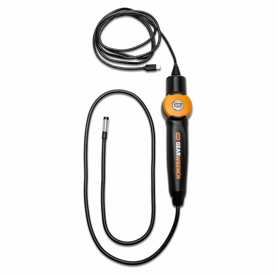 A complete studio view of the GEARWRENCH GWSCOPE inspection tool. The image shows the rugged handheld controller connected to a long, black semi-rigid probe and a coiled USB-C interface cable for connection to diagnostic tablets or smartphones.