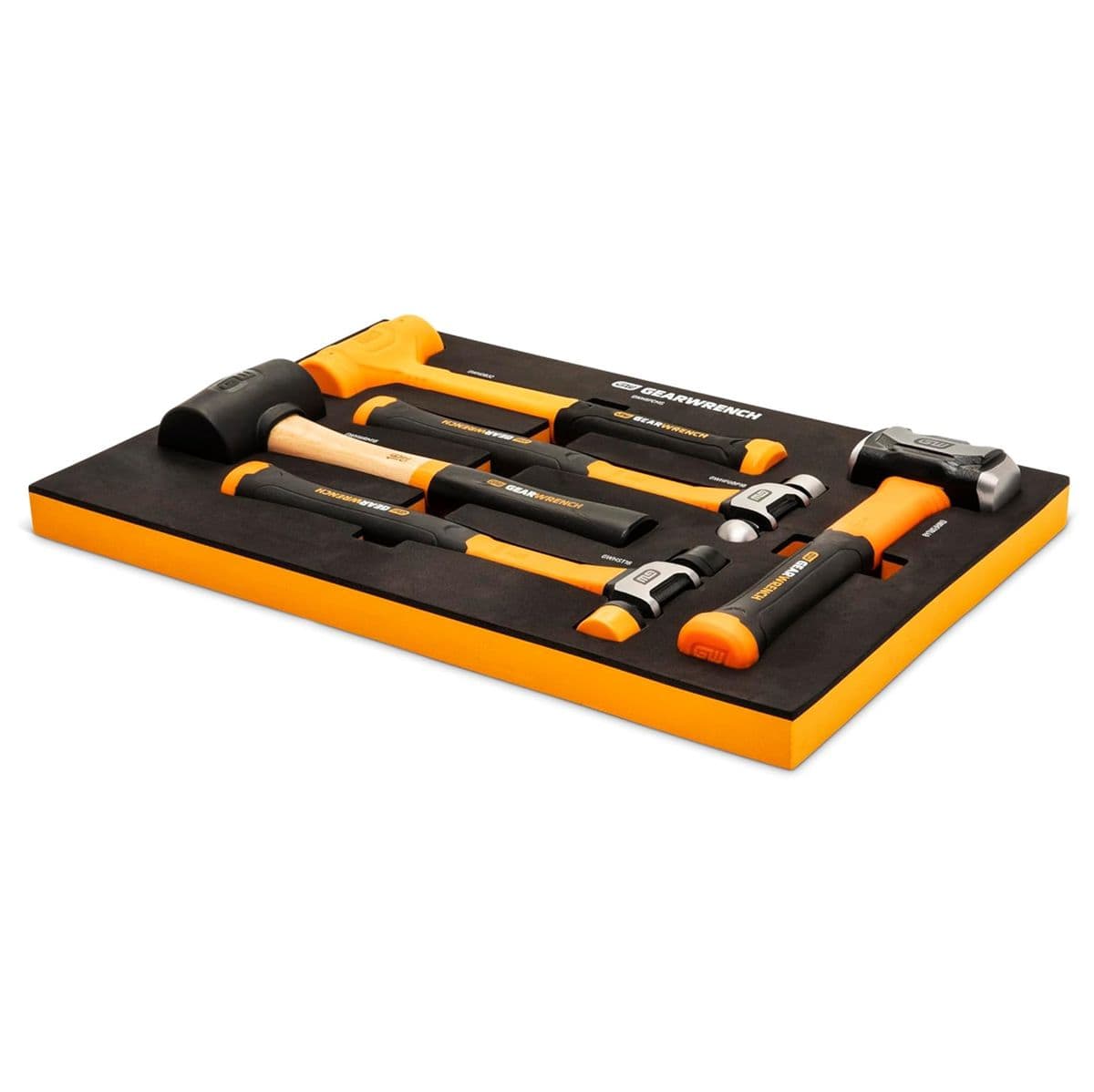 An angled perspective studio shot of the five-piece GEARWRENCH striking tool set arranged in its orange-rimmed black foam organizing tray, displaying the ergonomic handle profiles and weighted steel heads on a clean white background.