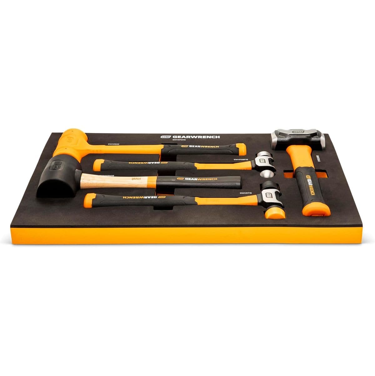 A low-profile front studio shot of the complete GEARWRENCH GWH5PCMS hammer collection nested securely within its durable black foam organizing drawer liner with bright orange borders.