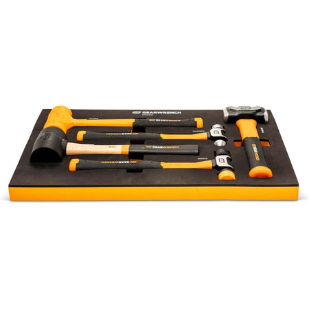 A low-profile front studio shot of the complete GEARWRENCH GWH5PCMS hammer collection nested securely within its durable black foam organizing drawer liner with bright orange borders.