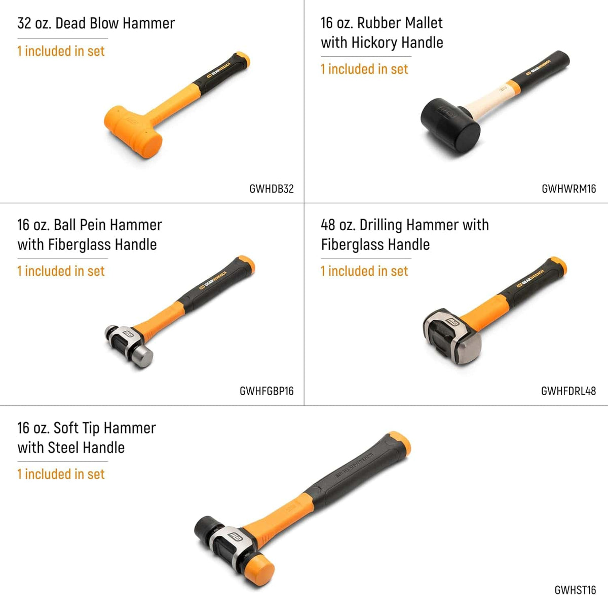A five-panel product catalog graphic detailing each individual striking tool in the GWH5PCMS set, including the thirty-two-ounce dead blow, sixteen-ounce rubber mallet with wood handle, ball pein, soft tip, and forty-eight-ounce drilling hammer.