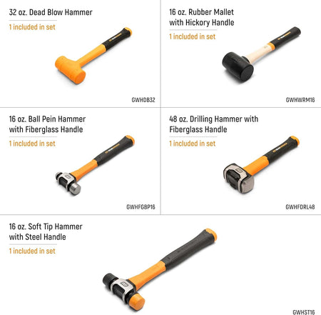 A five-panel product catalog graphic detailing each individual striking tool in the GWH5PCMS set, including the thirty-two-ounce dead blow, sixteen-ounce rubber mallet with wood handle, ball pein, soft tip, and forty-eight-ounce drilling hammer.