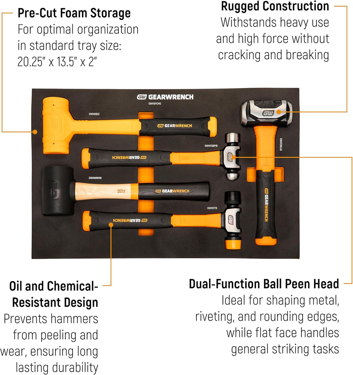 An informational product feature diagram of the GEARWRENCH five-piece hammer set highlighting the standard size dimensions of the pre-cut foam tray, the oil and chemical-resistant handles, and the dual-function steel ball pein head.