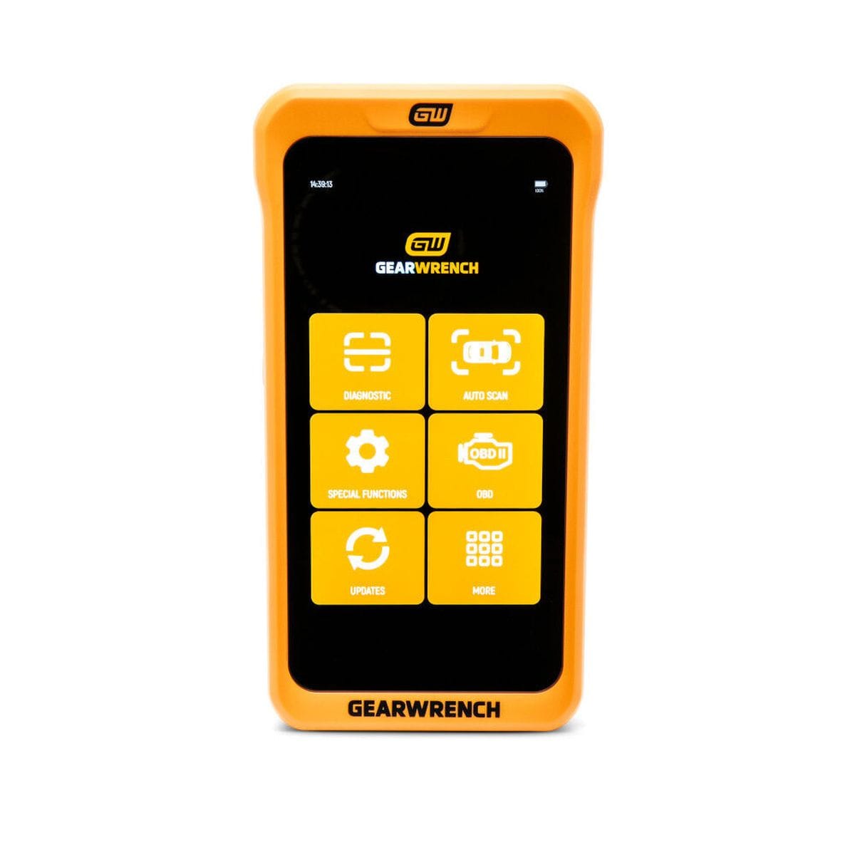 A direct front shot of the GEARWRENCH GWSMART05 handheld diagnostic scanner showing the orange shock-absorbent composite housing frame enclosing the 5-inch vertical grid screen displaying six primary menu shortcut tiles for comprehensive vehicle scanning.