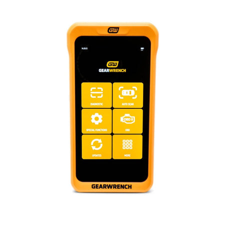 A direct front shot of the GEARWRENCH GWSMART05 handheld diagnostic scanner showing the orange shock-absorbent composite housing frame enclosing the 5-inch vertical grid screen displaying six primary menu shortcut tiles for comprehensive vehicle scanning.
