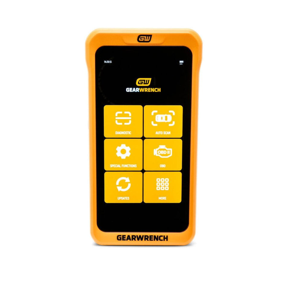 A direct front shot of the GEARWRENCH GWSMART05 handheld diagnostic scanner showing the orange shock-absorbent composite housing frame enclosing the 5-inch vertical grid screen displaying six primary menu shortcut tiles for comprehensive vehicle scanning.