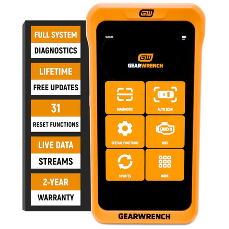 The front interface view of the orange GEARWRENCH bi-directional scanner tablet set against a vertical black features sidebar specifying its full system diagnostics capability, lifetime free software updates, 31 reset functions, live data streams, and 2-year warranty matrix.