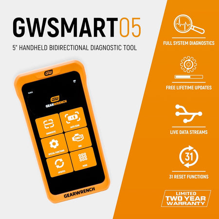 An informative commercial product graphics layout displaying the angled black and orange GEARWRENCH diagnostic tool alongside integrated list indicators detailing its full system diagnostics engine, free lifetime updates, live data streams, 31 reset functions, and limited two-year warranty.