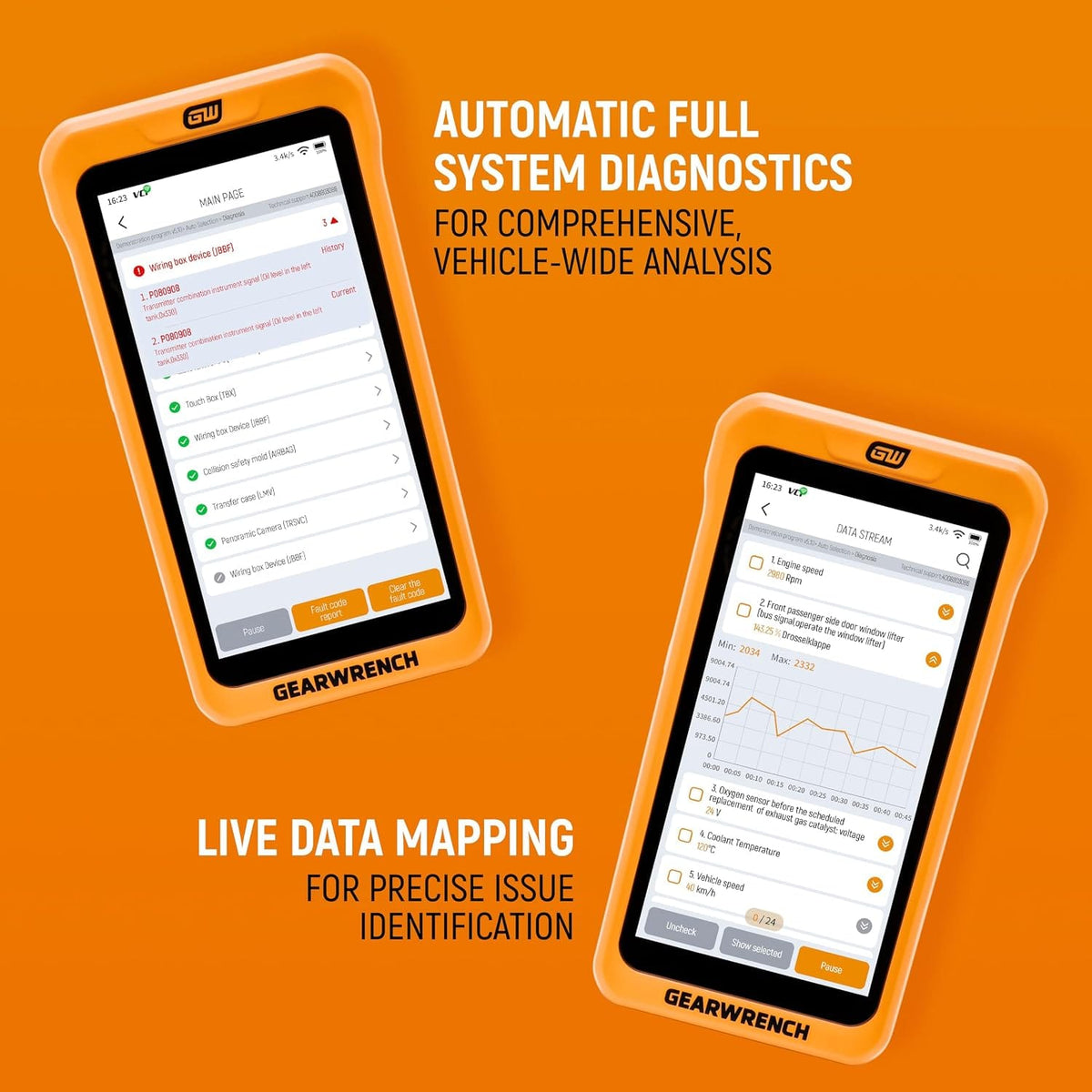 A dual product graphics panel showcasing two separate views of the orange GEARWRENCH handheld scanning tablet displaying live automotive data streams on the screen alongside clear real-time wave graph mapping readouts for precise sensor tracing diagnostics.