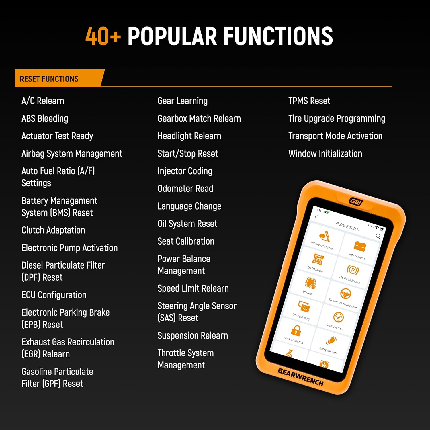 An expansive list index layout detailing over forty popular functions of the GWSMART05 scanner platform including specialized sub-system menu selections for ABS bleeding, battery management system resets, injector coding, and steering angle sensor calibrations.