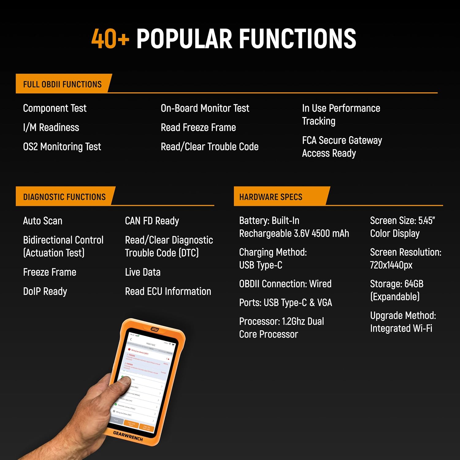 A comprehensive technical summary data sheet highlighting the hardware specifications and full system diagnostic capabilities of the GEARWRENCH tablet including details on its 3.6V 4500 mAh battery cell, 1.2Ghz dual core processor matrix, and Wi-Fi system upgrade support.