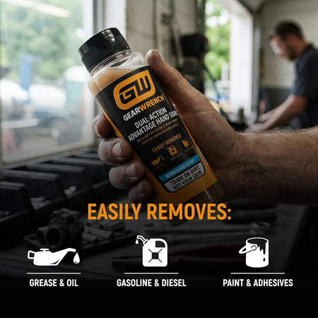 A worker holding a bottle of GEARWRENCH Dual-Action Advantage Hand Soap in a busy automotive garage workshop. White graphic icons below describe how the exfoliating pumice cleaner easily removes automotive grease and oil, gasoline and diesel fuel, as well as stubborn paint and industrial adhesives.