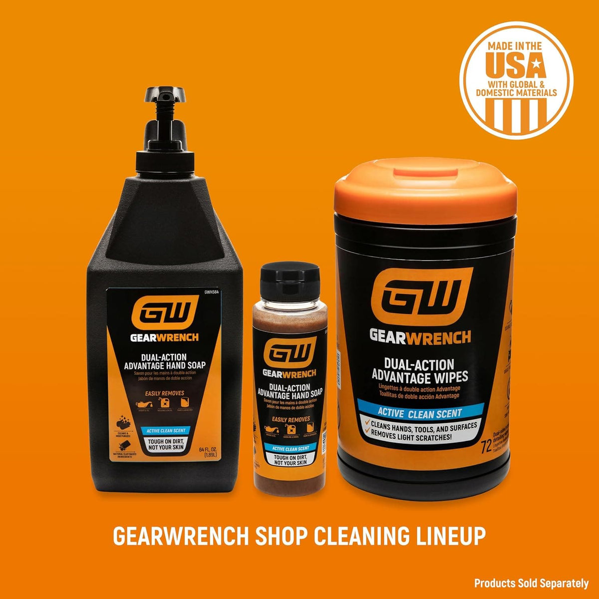 GEARWRENCH industrial shop cleaning lineup showcasing a 64 ounce dual action advantage hand soap jug with a top pump handle, an 8 ounce squeeze bottle, and a 72 count container of heavy duty advantage wipes. The cleaning products are displayed on a solid orange background with a circular badge indicating the items are made in the USA.