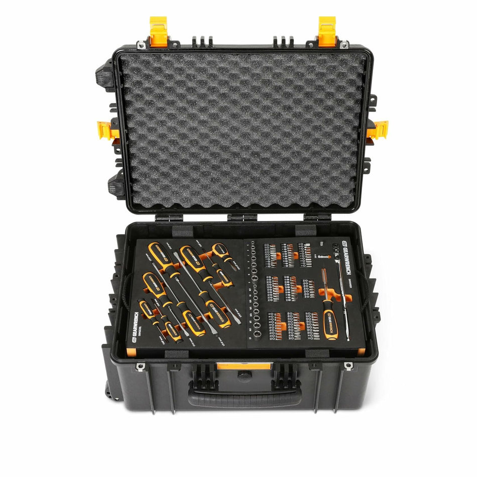 Open hard-shell tool case with foam padding and neatly arranged hand tools including screwdrivers and pliers in custom foam insert; designed for professional field service use.