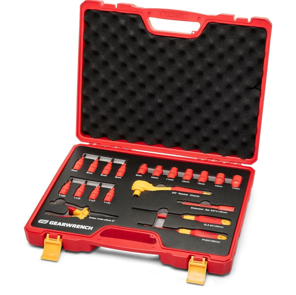 An open GEARWRENCH GWVDE20 insulated mechanics hand tool set housed inside a red heavy-duty carrying case with a dark grey convoluted foam upper lid lining and precision-cut lower foam base holding VDE certified sockets, screwdrivers, a ratchet, and pliers.