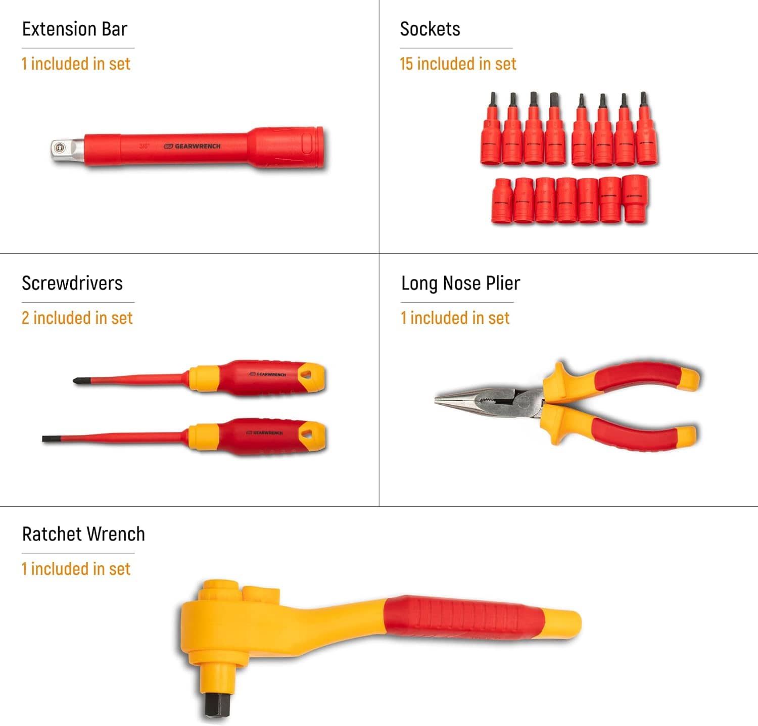 A five-panel product catalog graphic illustrating the included pieces of the GWVDE20 set with white background cards showing one red insulated extension bar, fifteen red sockets, two red and yellow screwdrivers, one long nose plier, and one red and yellow insulated ratchet wrench.