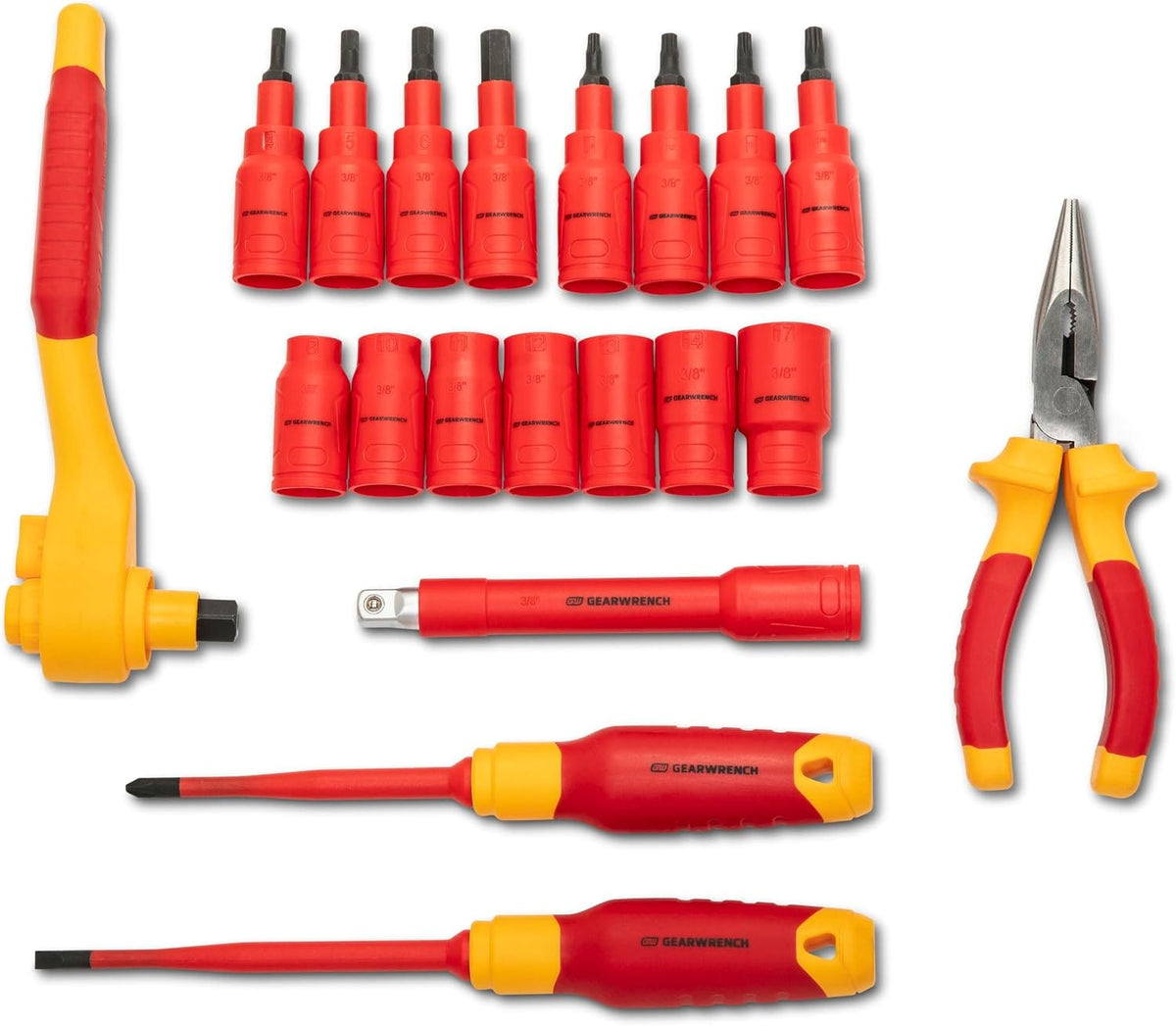 A flat lay display of the GEARWRENCH 20-piece insulated tool set showing the red VDE 1000V rated sockets, extension bar, yellow and red insulated ratchet wrench, long nose pliers, and flat and Phillips head screwdrivers arranged neatly against a clean white background.