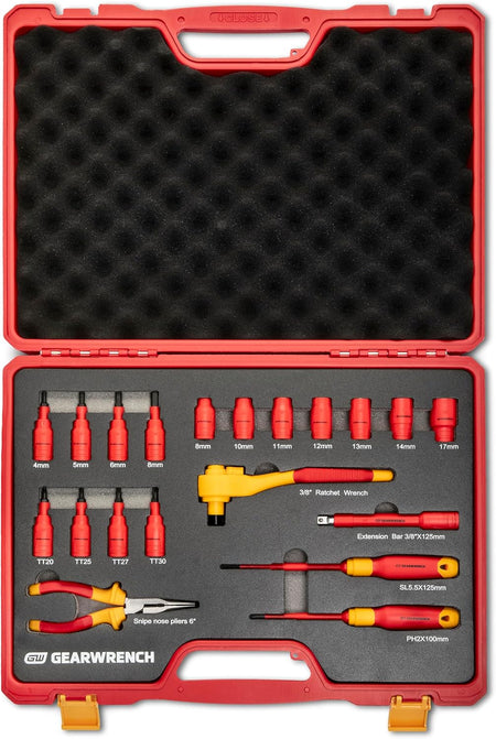 A direct overhead vertical shot of the open red blow-molded storage case for the GEARWRENCH GWVDE20 set, showcasing the precise laser-marked labeling for each millimeter socket size, Torx driver size, and insulated tool slot.