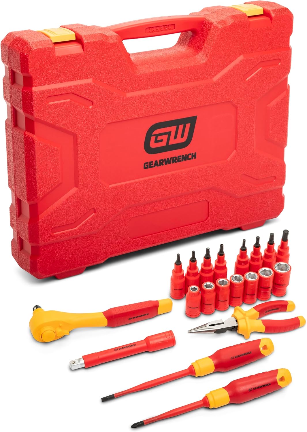 A closed red plastic GEARWRENCH blow-molded tool box with a molded carry handle standing behind the twenty individual insulated pieces, including high-voltage 3/8-inch drive sockets, screwdrivers, pliers, and a ratchet wrench laid out on a white surface.