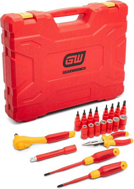 A closed red plastic GEARWRENCH blow-molded tool box with a molded carry handle standing behind the twenty individual insulated pieces, including high-voltage 3/8-inch drive sockets, screwdrivers, pliers, and a ratchet wrench laid out on a white surface.