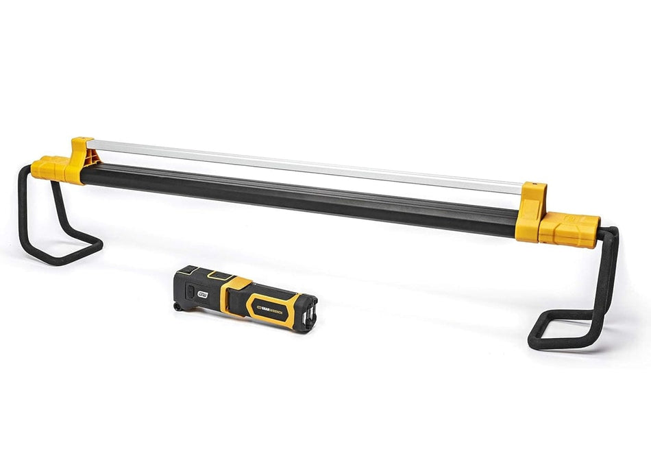 A studio shot of the GEARWRENCH rechargeable wing light shown detached from and in front of the adjustable under-hood rack.