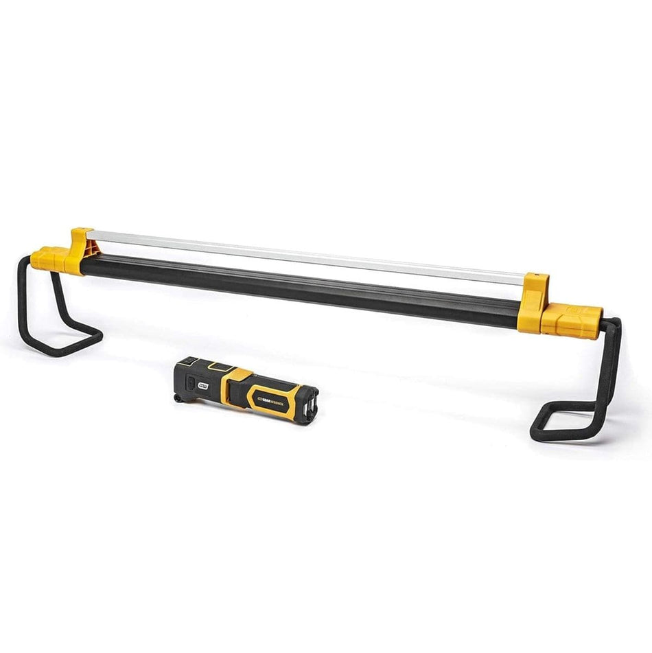 A studio shot of the GEARWRENCH rechargeable wing light shown detached from and in front of the adjustable under-hood rack.