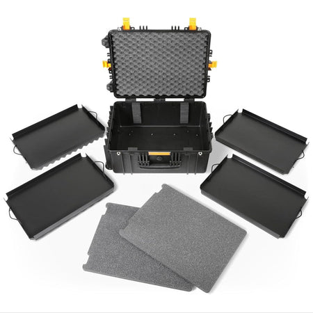 The GEARWRENCH GWMP100 rolling tool carrier displays its modular layout with four customizable foam trays surrounding the open waterproof case.