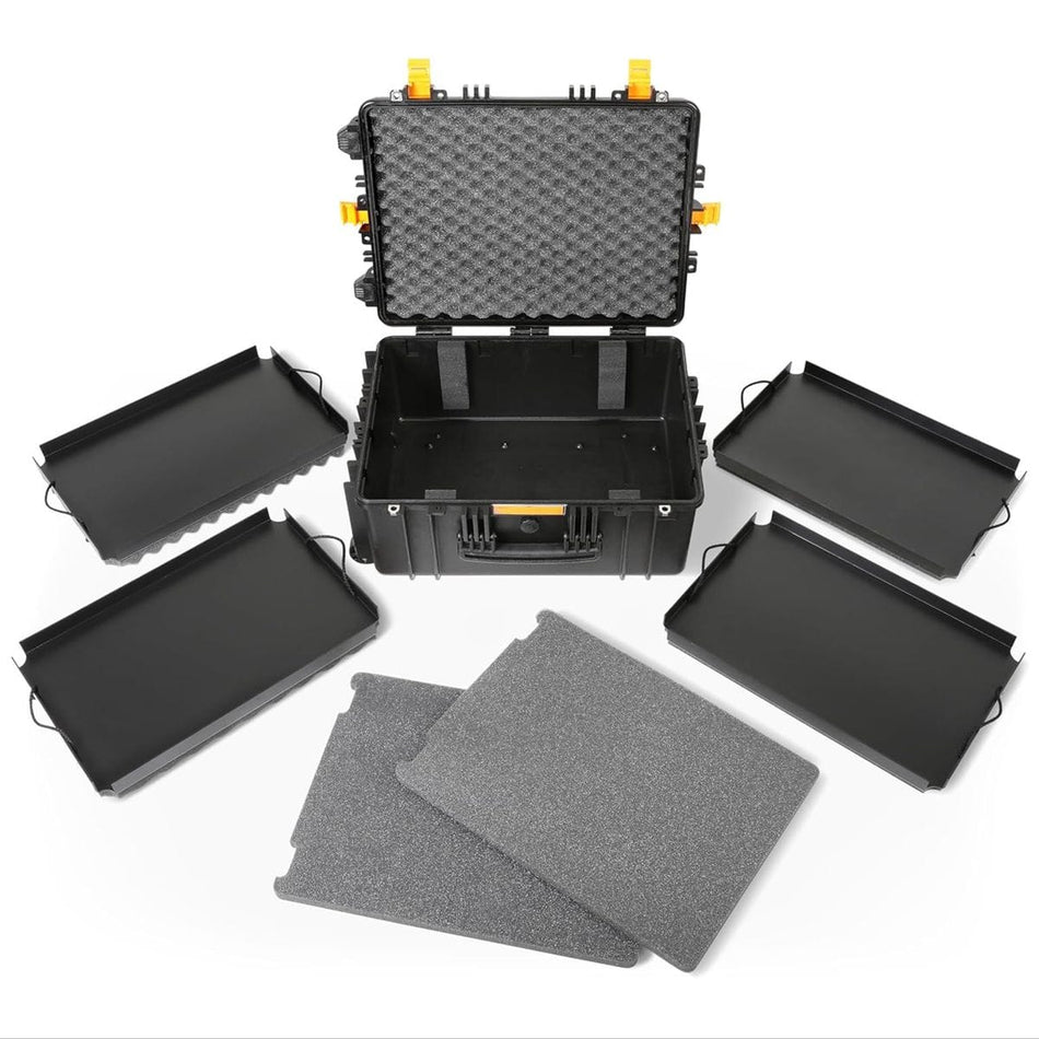 The GEARWRENCH GWMP100 rolling tool carrier displays its modular layout with four customizable foam trays surrounding the open waterproof case.