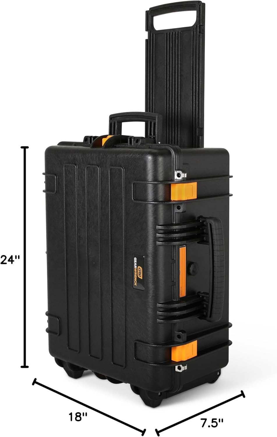 The GEARWRENCH GWMP100 rolling tool case stands upright with dimensions measuring 24 inches high, 18 inches wide, and 7.5 inches deep.