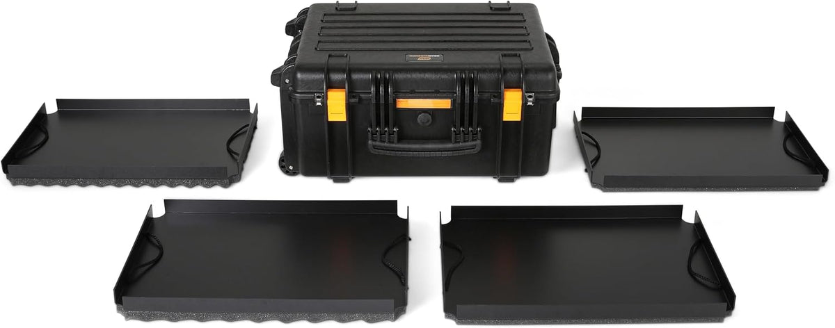 The GEARWRENCH GWMP100 heavy-duty storage case is shown alongside four separate foam-lined accessory trays for organized equipment transport.