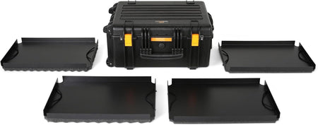 The GEARWRENCH GWMP100 heavy-duty storage case is shown alongside four separate foam-lined accessory trays for organized equipment transport.
