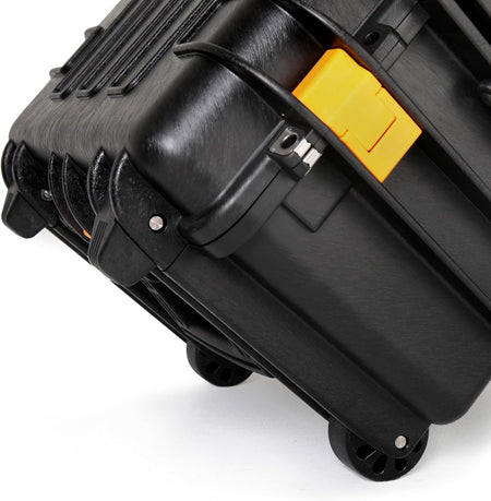 A close-up view highlights the secure locking latch and durable corner construction of the IP67 waterproof GEARWRENCH tool carrier.