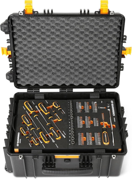 The interior of the GEARWRENCH GWMP100 case contains organized tool sets fitted inside dual-layered modular foam inserts.