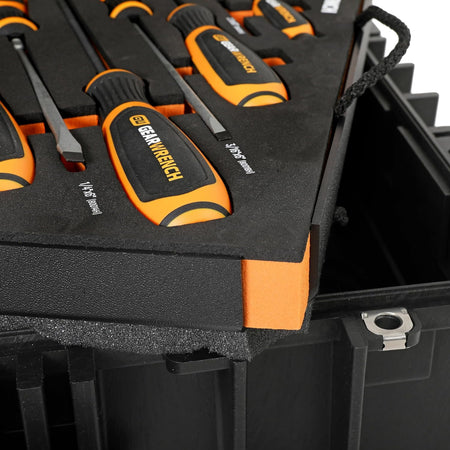 A detailed cross-section view showcases the precision-cut layered foam inserts designed to securely cradle individual GEARWRENCH screwdrivers.