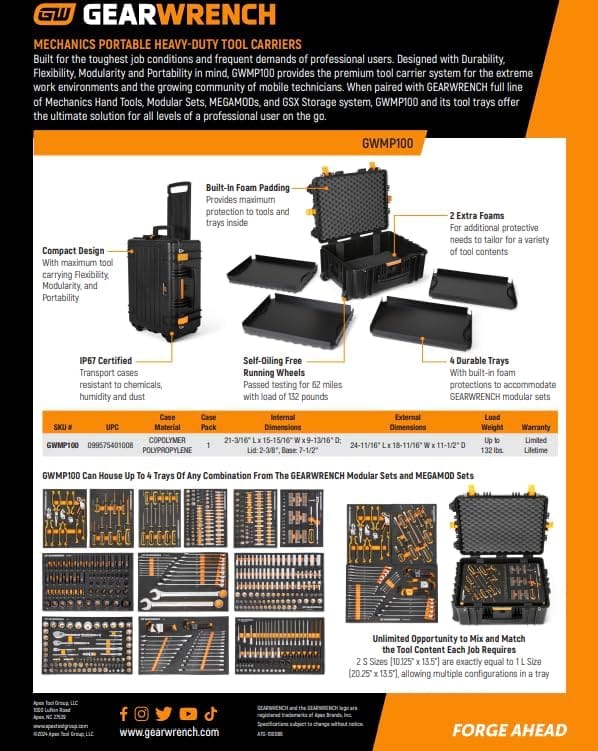 The GEARWRENCH GWMP100 product specification sheet outlines its IP67 waterproof rating, 132-pound load capacity, and modular tray compatibility.
