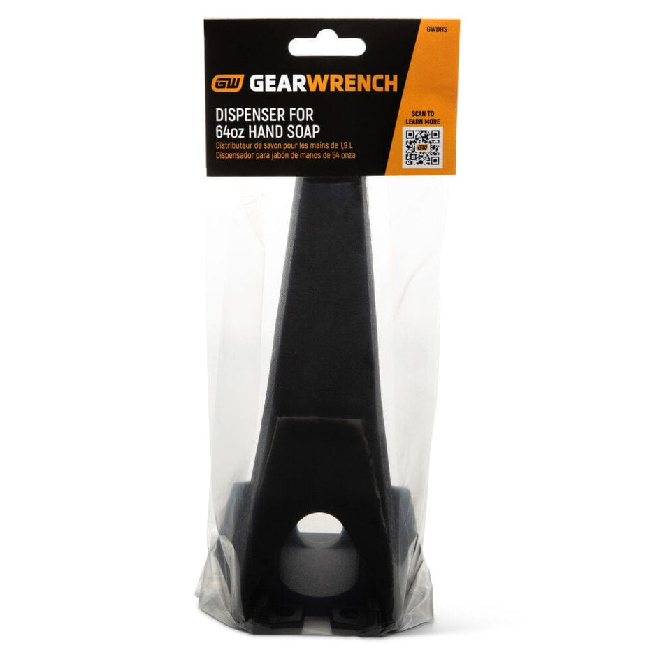 GEARWRENCH GWDHS 64 ounce hand soap dispenser bracket packaged in retail plastic wrap with a black and orange hanging card top label. The structural polymer mounting station features a durable black finish with a wide circular base opening designed to secure liquid soap cleaner bottles in automotive garages and industrial workshop environments.