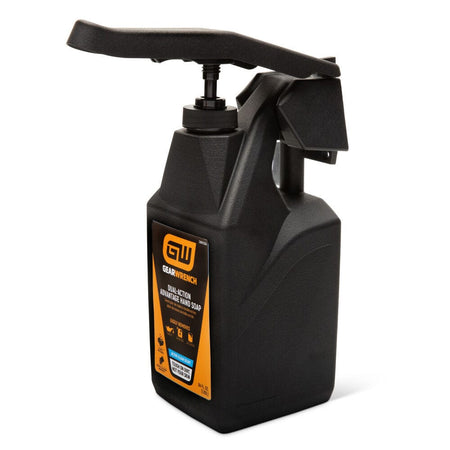 Industrial black polymer GEARWRENCH GWDHS 64 ounce squeeze bottle holder station with an integrated mechanical hand pump lever handle. This free standing mounting bracket securely encapsulates the top and neck of a structural plastic hand soap cleaner bottle to prevent workspace clutter and dynamic liquid spills on automated shop countertops.