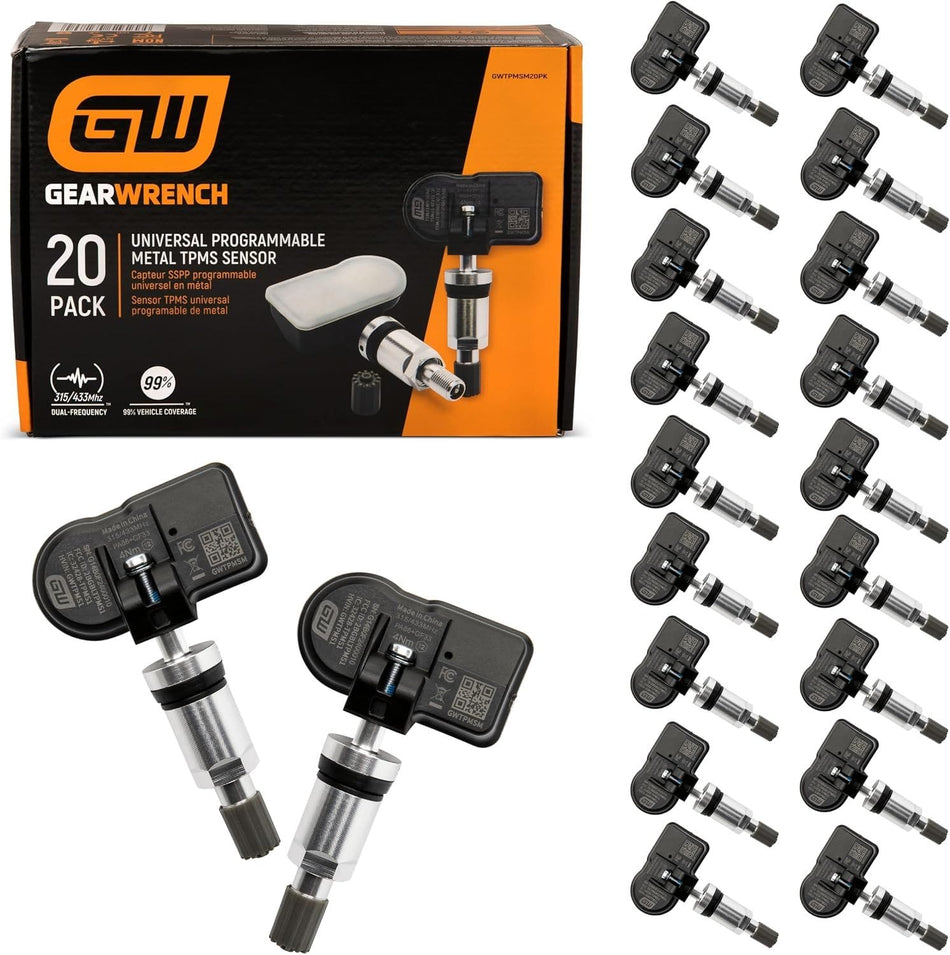 A comprehensive product kit assembly showing the orange and black GEARWRENCH universal programmable metal TPMS sensor 20-pack retail product box alongside two close-up preview sensors and twenty individual multi-vehicle clamp-in replacement units stacked in two uniform columns.