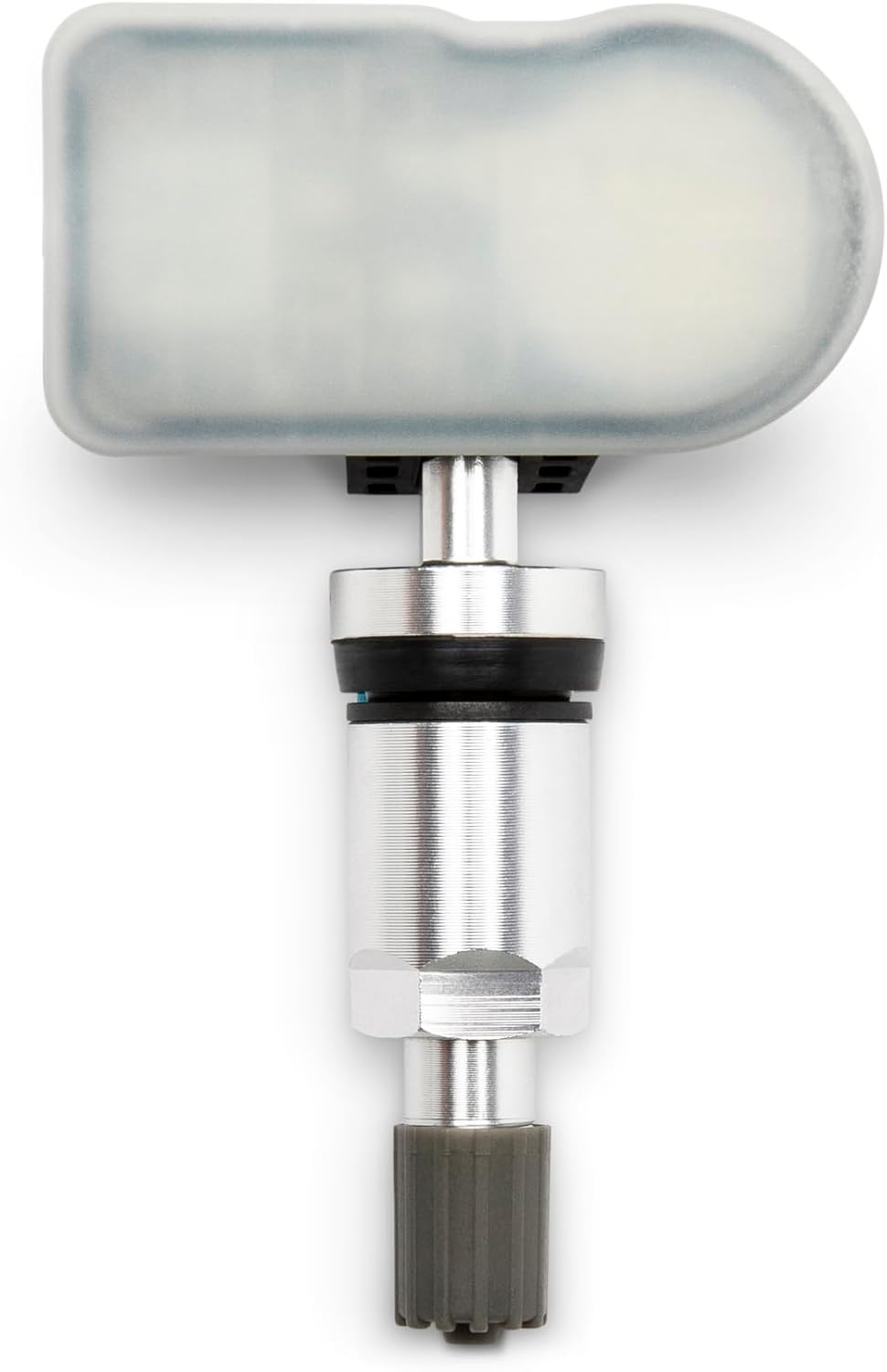 A close-up profile view of a single light gray composite capped GEARWRENCH universal programmable tire pressure monitor sensor showcasing the durable threaded metal valve stem assembly down to its protective rubber washer and gray screw-on valve cap.
