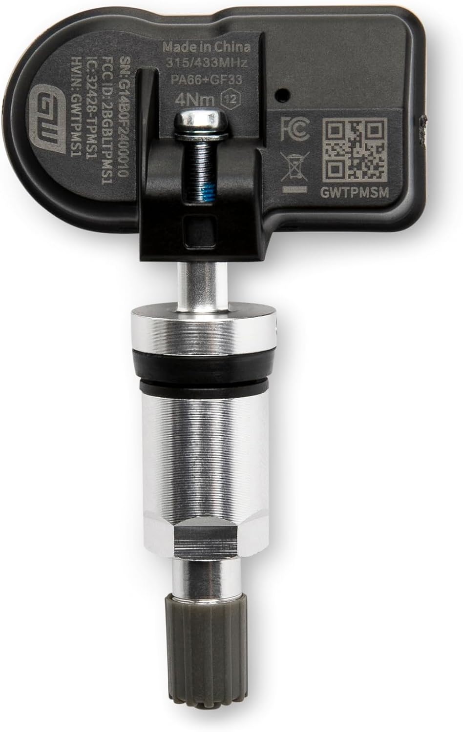 A direct top-down detail macro view of the black composite casing of a GEARWRENCH universal metal valve stem TPMS sensor highlighting technical manufacturing data marks including its 315/433MHz dual frequency operational rating, model data codes, and regulatory ISO compliance prints.