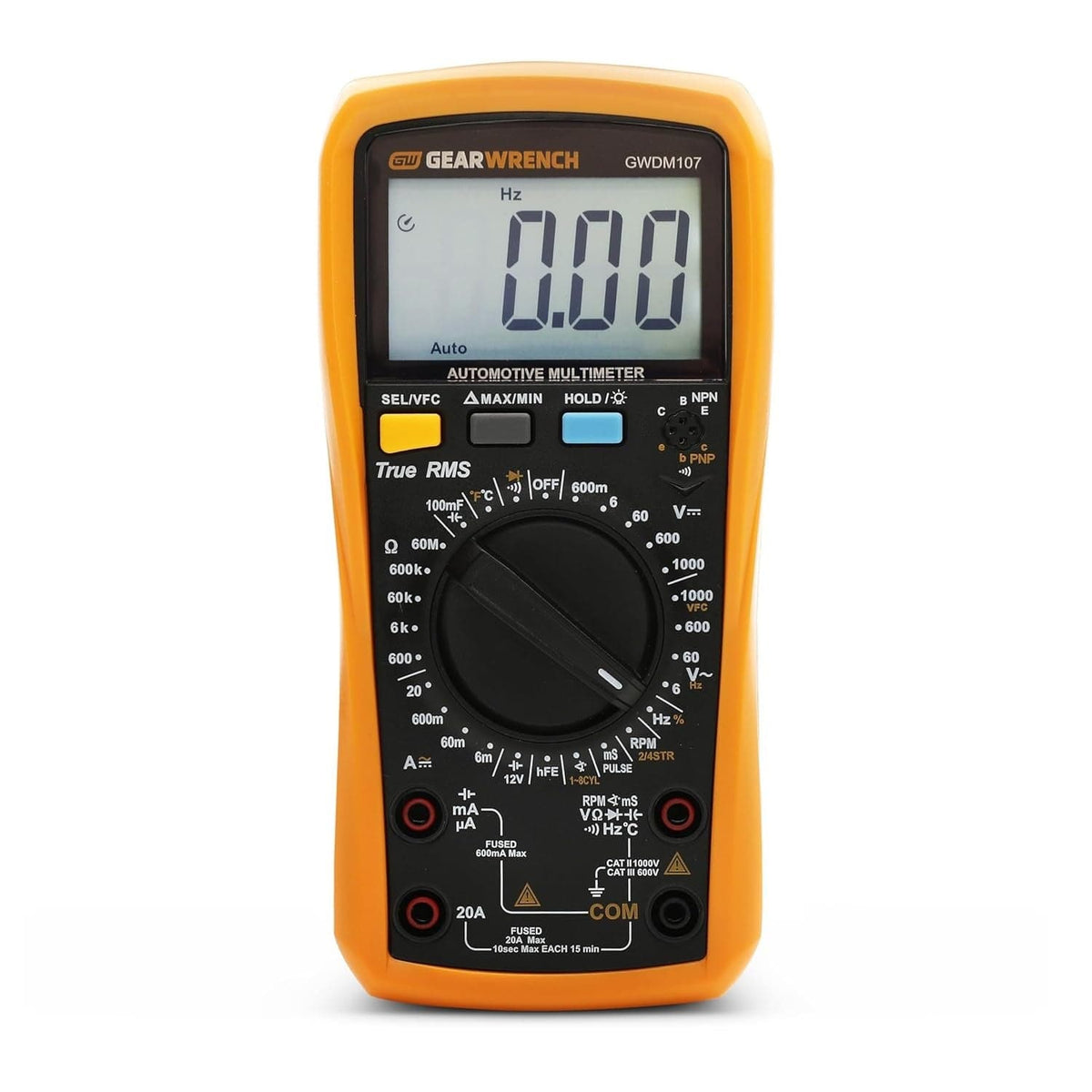 Front view of the GEARWRENCH GWDM107 True RMS Automotive Digital Multimeter showing the clear LCD display, function buttons, and central selection dial surrounded by an orange protective boot.