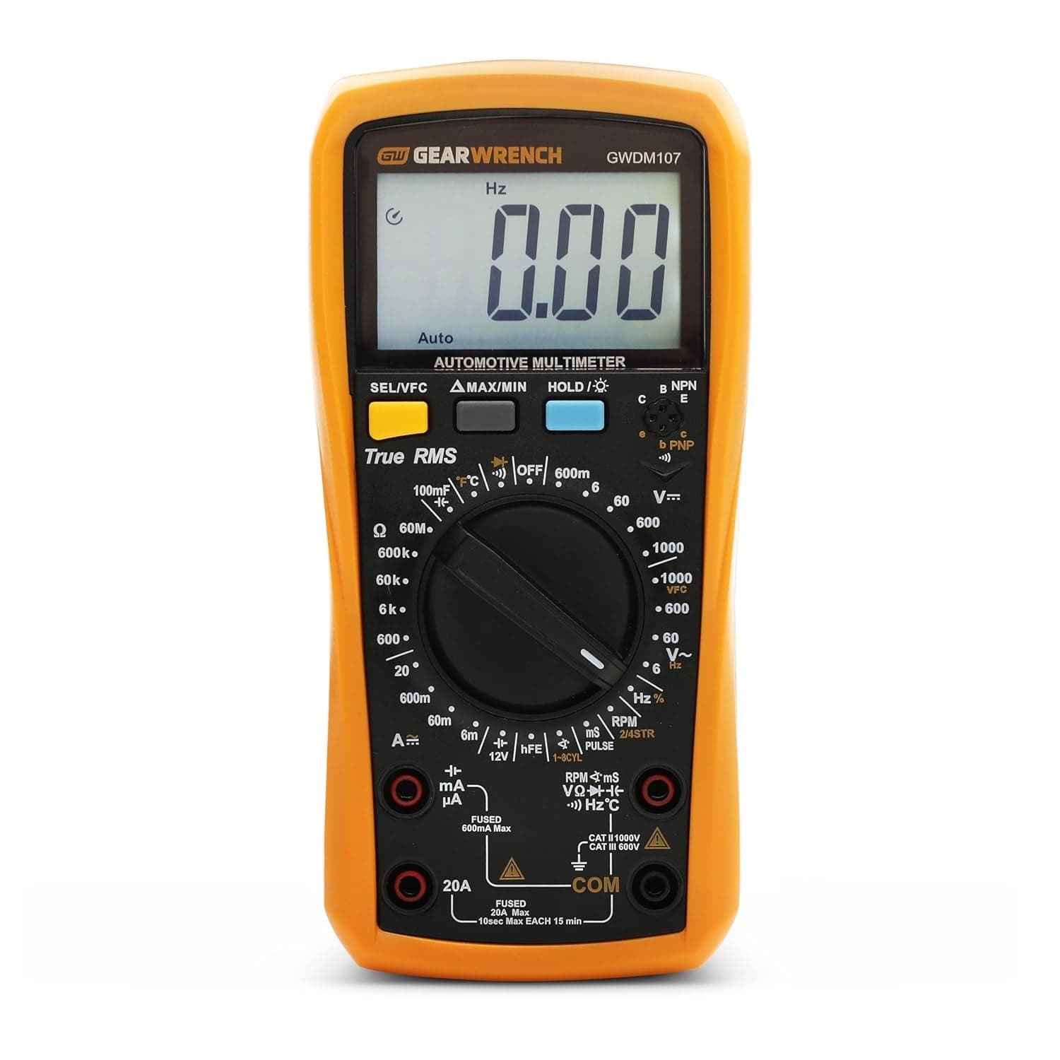 Front view of the GEARWRENCH GWDM107 True RMS Automotive Digital Multimeter showing the clear LCD display, function buttons, and central selection dial surrounded by an orange protective boot.