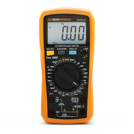 Front view of the GEARWRENCH GWDM107 True RMS Automotive Digital Multimeter showing the clear LCD display, function buttons, and central selection dial surrounded by an orange protective boot.