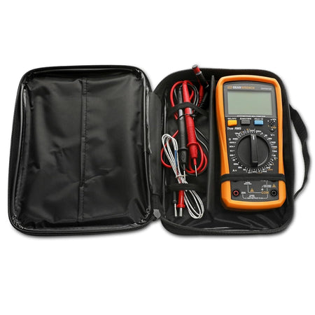 GEARWRENCH GWDM107 True RMS automotive digital multimeter, CAT IV test leads, and thermocouple securely organized inside the included black zippered carrying case.